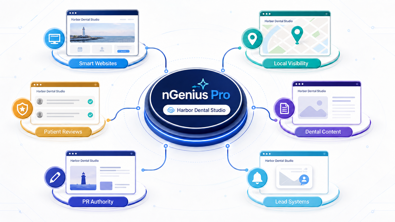 Conceptual nGenius Pro system connecting Harbor Dental Studio to six digital patient touchpoints