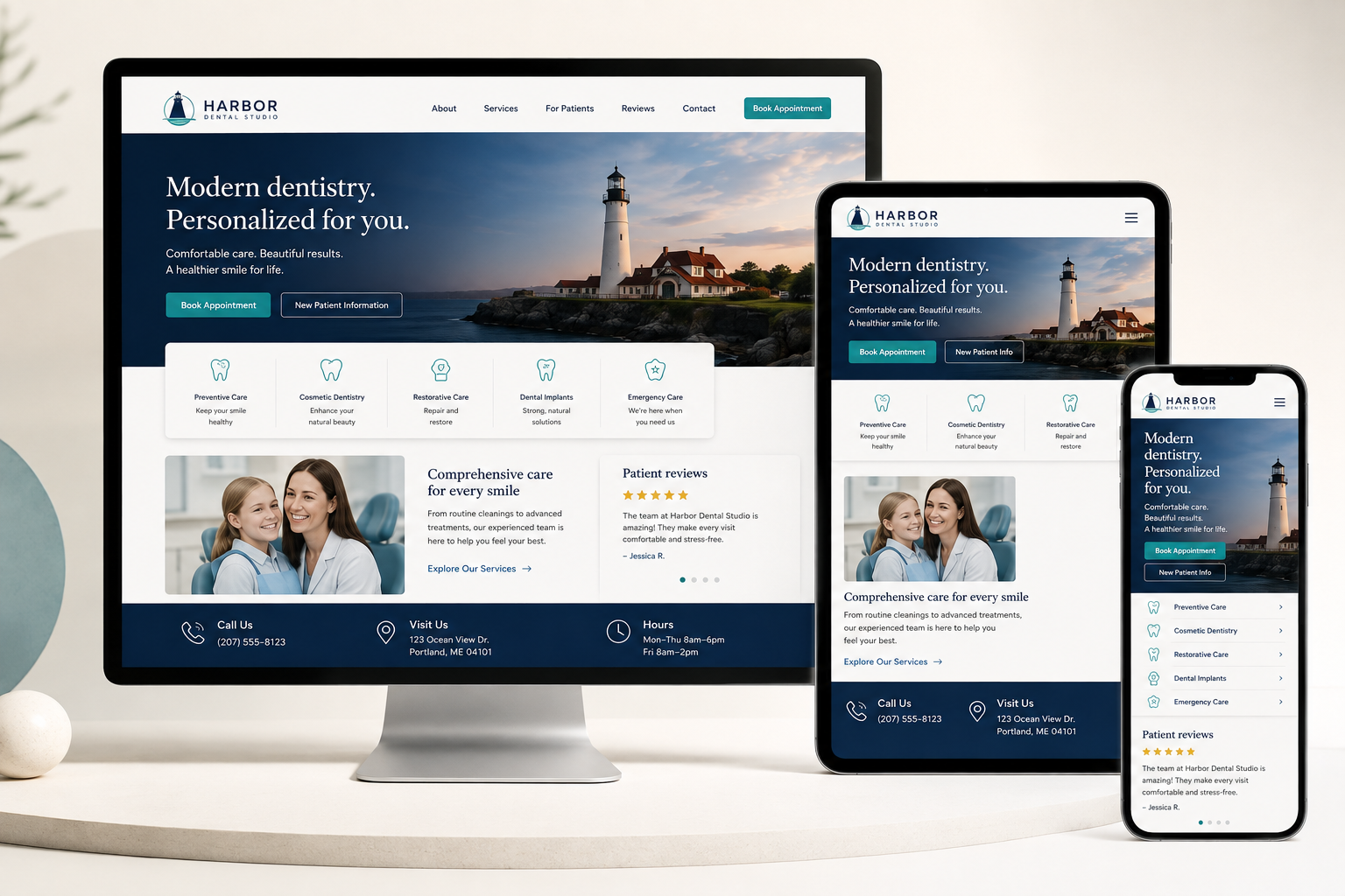 Harbor Dental Studio responsive website shown across desktop, tablet, and mobile screens.