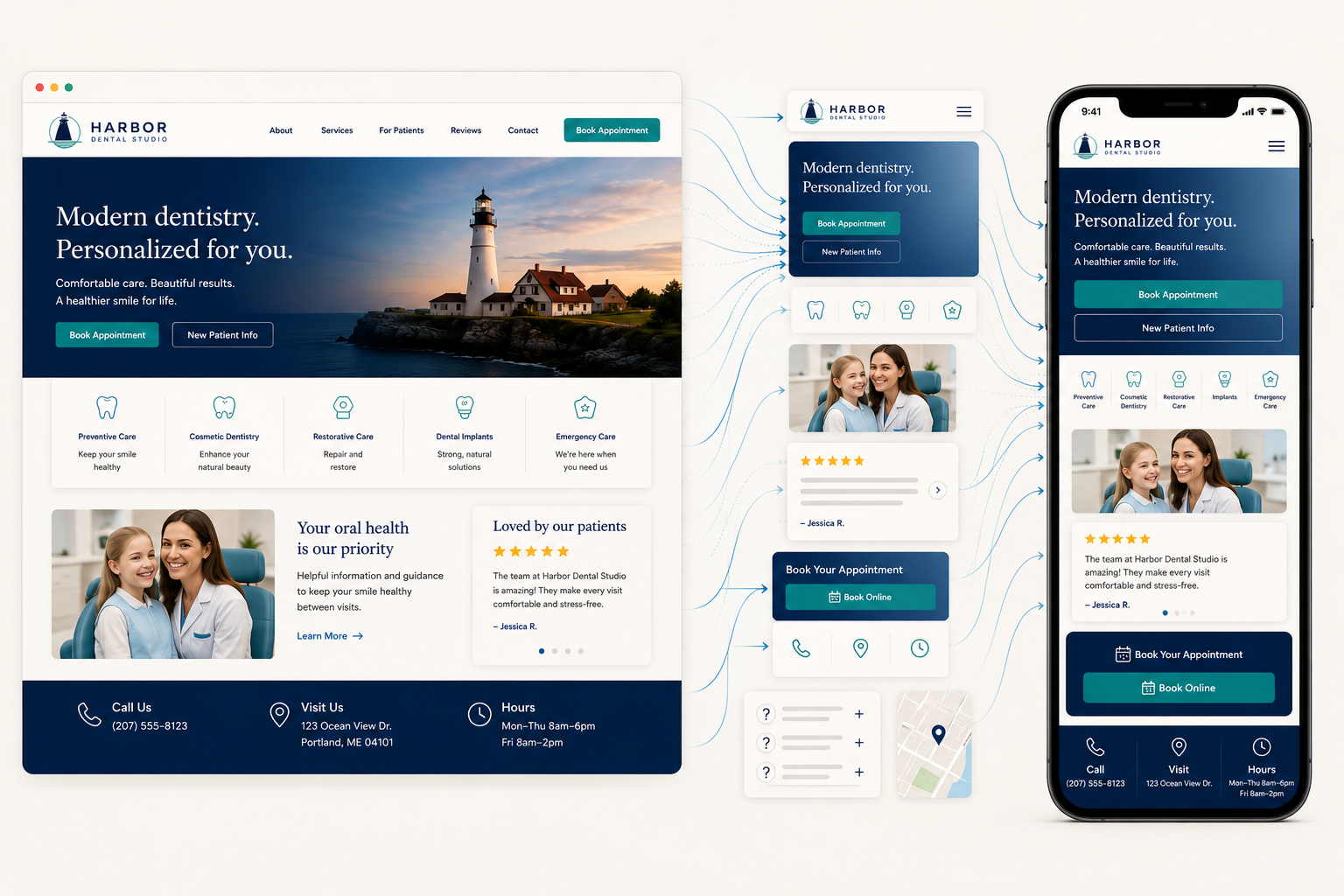 Harbor Dental Studio desktop website transforming into a mobile patient experience.