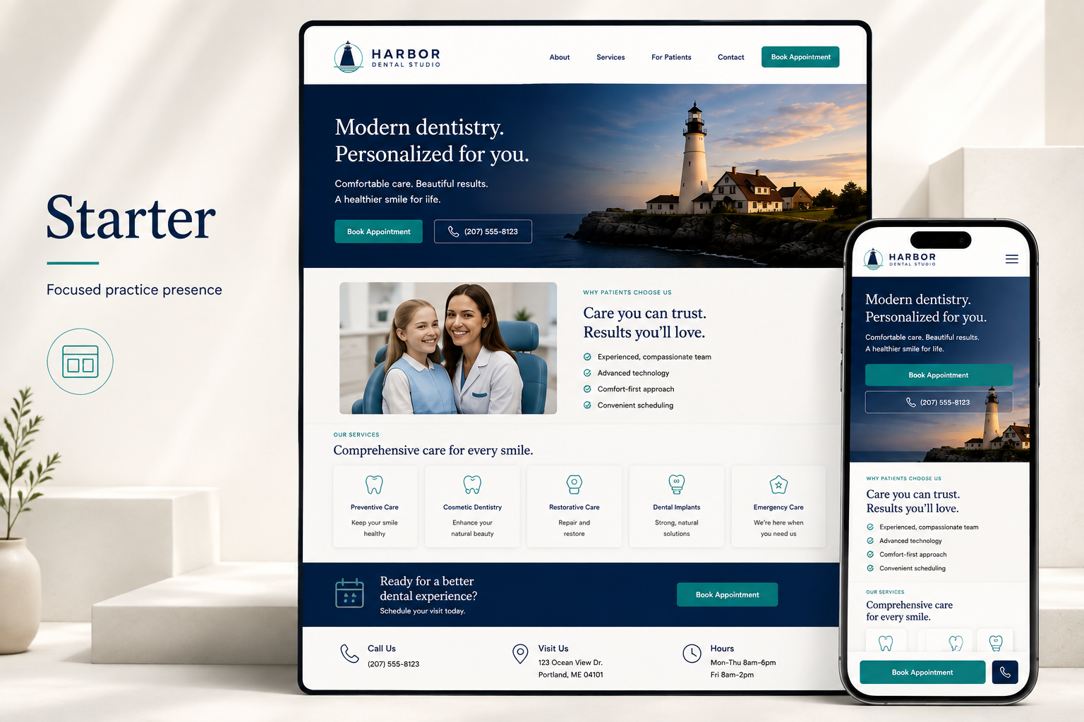 Harbor Dental Studio one-page Starter website shown on desktop and mobile.