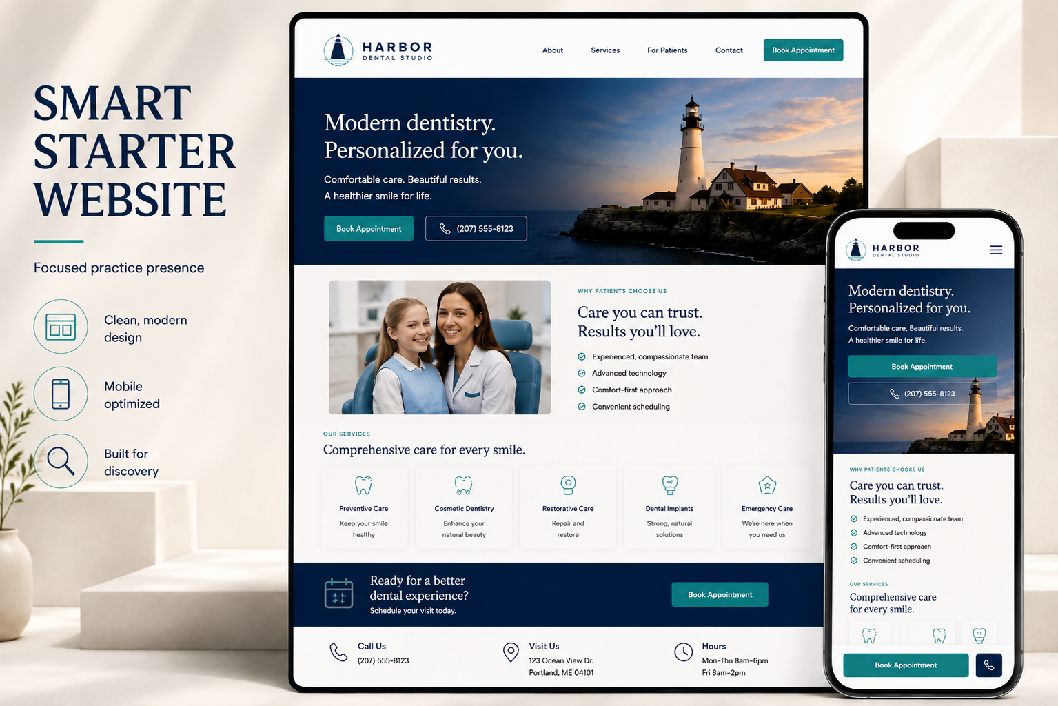 Harbor Dental Studio one-page Smart Starter Website shown on desktop and mobile.