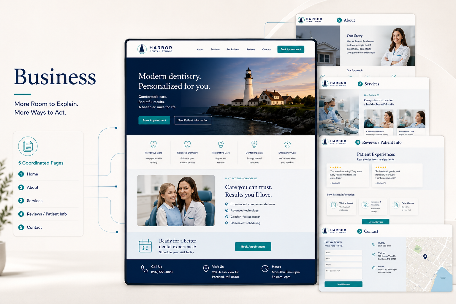 Harbor Dental Studio multi-page Business website shown across page previews.