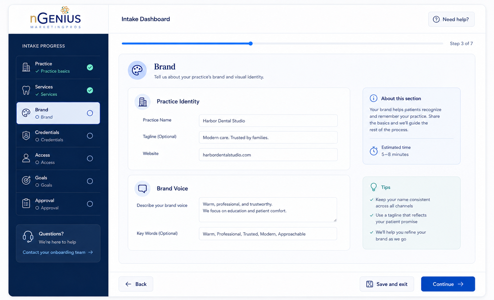 Example nGenius Pro intake interface showing practice information, services, brand, credentials, access, goals, and approval steps.