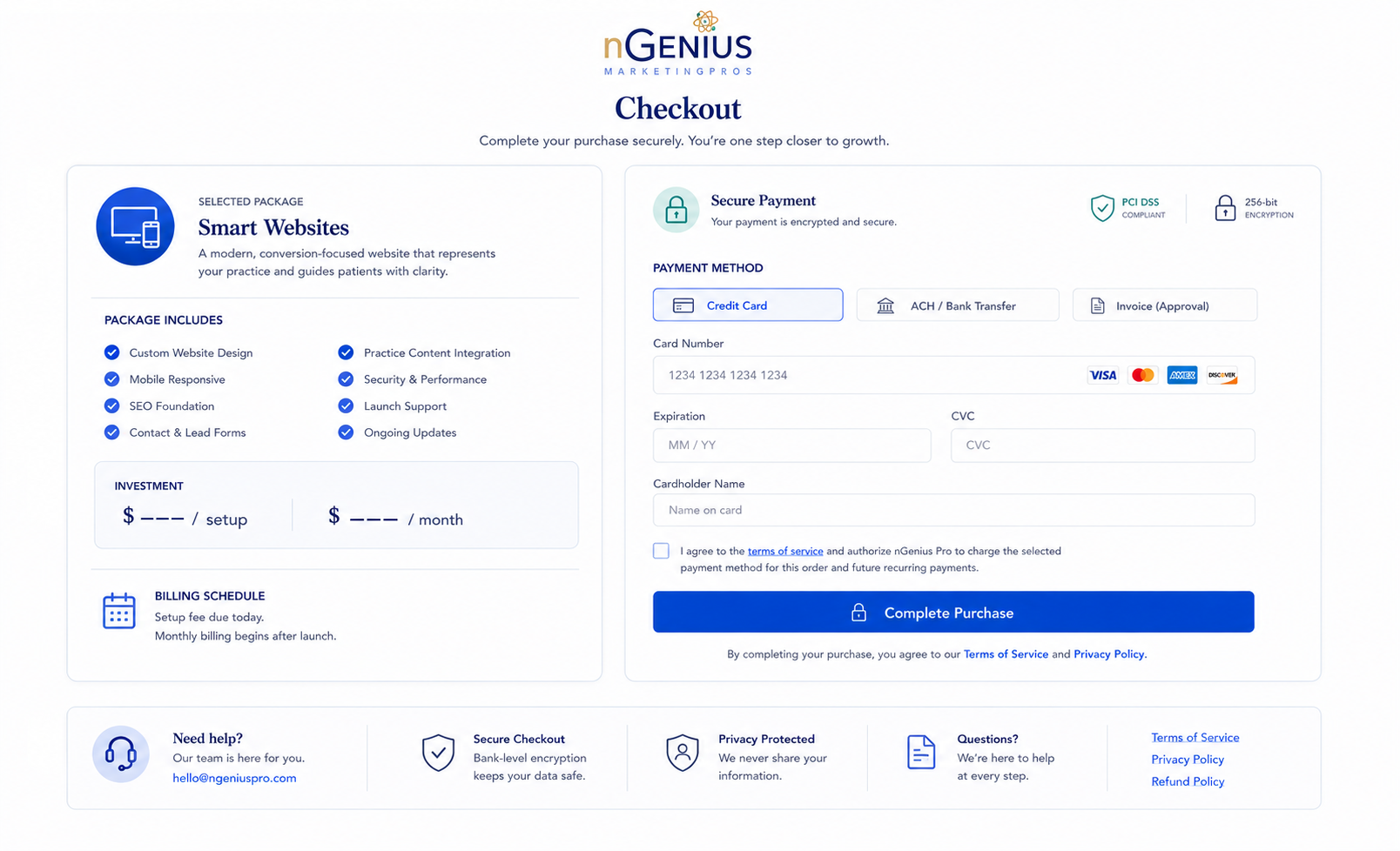 Example two-column nGenius Pro checkout with package summary, billing information, payment, agreement, and secure purchase area.
