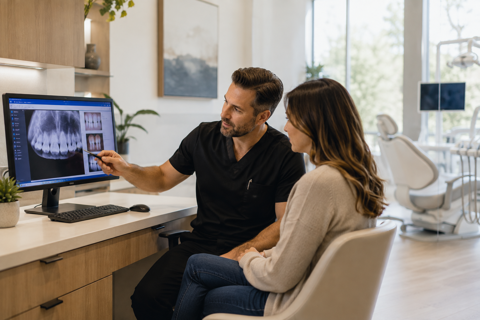 Dental provider explaining information to an adult patient during a consultation.
