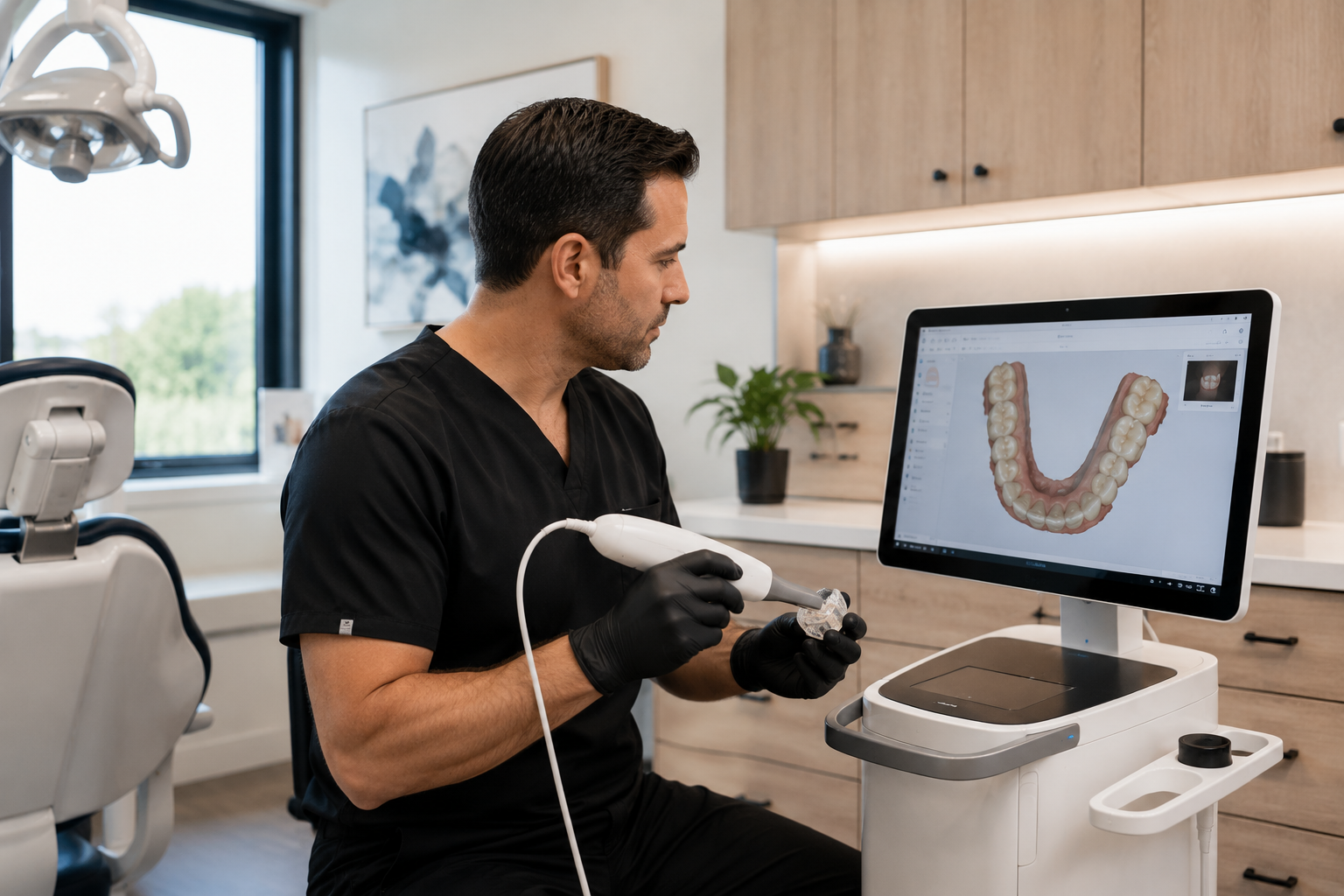 Dental provider using contemporary digital dental technology in a modern practice.